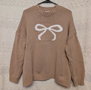 Sincerely Jules Knit Brown Taupe Beige Sweater White Bow Size xl
